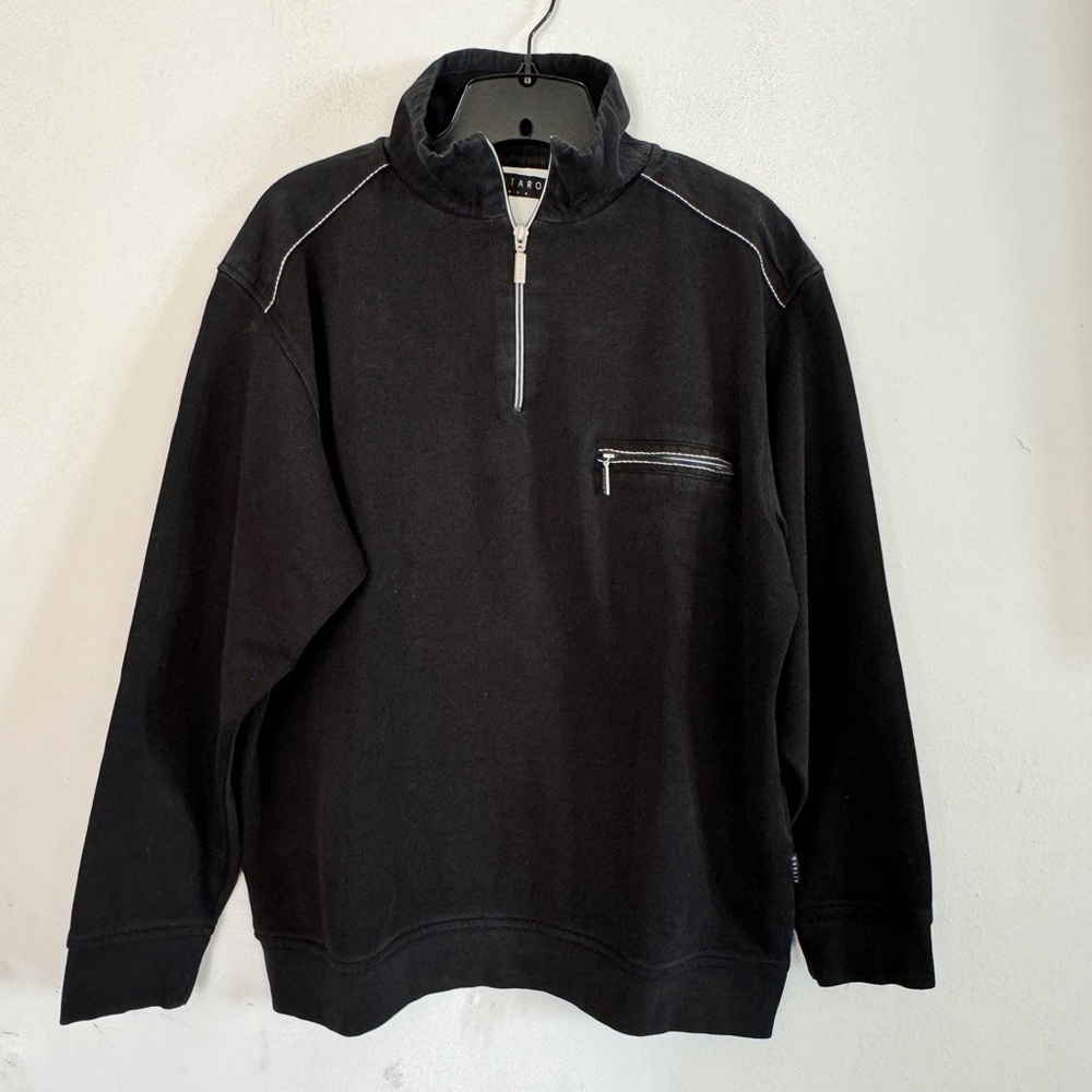 Kitaro Mens 100% Cotton Black 1/4 Zip Pullover Sweater, Size Large